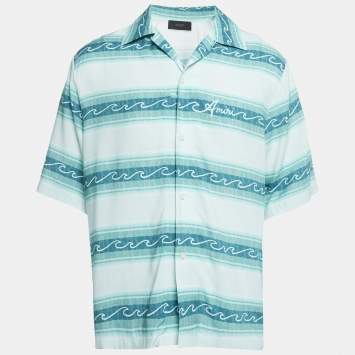 Pre Owned Amiri Blue Wave Baja Stripe Crepe Short Sleeve Shirt XL