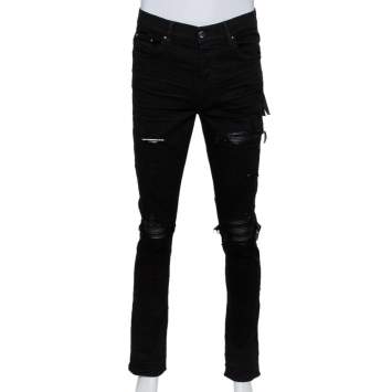 Pre Owned Amiri Black Denim Leather Patched Knee Detail Distressed Jeans L