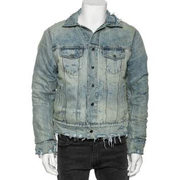 Pre Owned Amiri Blue Distressed Denim Reversible Trucker Bomber Jacket S