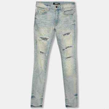 Pre Owned Amiri Blue Distressed Zebra Embellished Inset Detailed Jeans XS