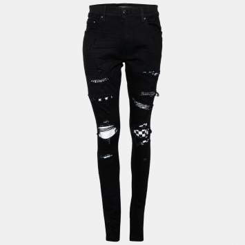 Pre Owned Amiri Black Distressed Denim & Printed Inset Detailed Jeans M