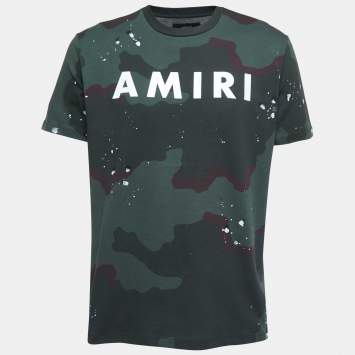 Pre Owned Amiri Green Camouflage Print Logo T-Shirt S
