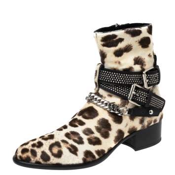 Pre Owned Amiri Brown/Cream Leopard Print Calf Hair Moto Chain Leo Ankle Boots Size 40