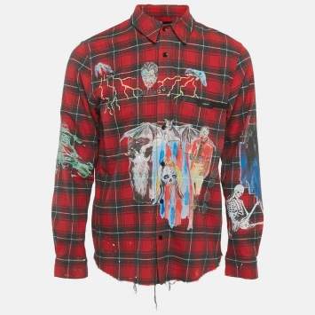 مملوكة مسبقًا Amiri X Wes Lang Red Check Print Flannel "Blood '38" Graphic Shirt M