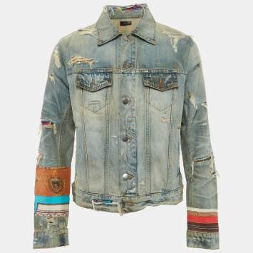 Pre Owned Amiri Blue Denim Patch Scarves Trucker Jacket L