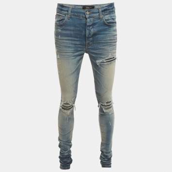 Pre Owned Amiri Blue Distressed Faded Denim Ribbed Skinny Jeans M/Waist 32"