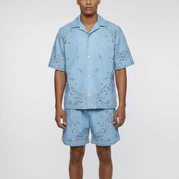 Pre Owned Amiri Blue Bandana Cut Out Leather Shirt And Shorts Set L