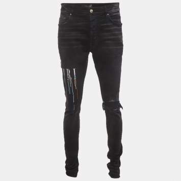 Pre Owned Amiri Black Logo Paint Drip Distressed Denim Jeans XL/Waist 34"