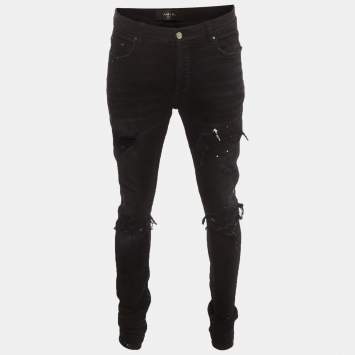 Pre Owned Amiri Black Paint Splattered Distressed Denim MX1 Jeans XL/Waist 34"