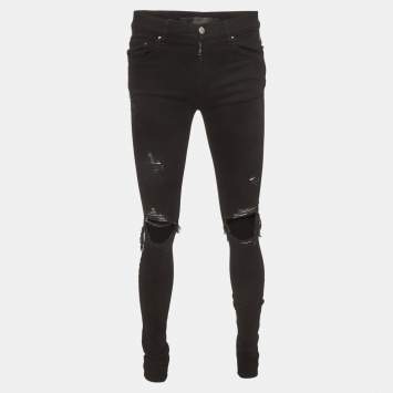Pre Owned Amiri Black Striped Distressed Stretch Denim Skinny Jeans S/Waist 30" 