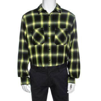 Pre Owned Amiri Black And Neon Yellow Faded Plaid Cotton Shirt M