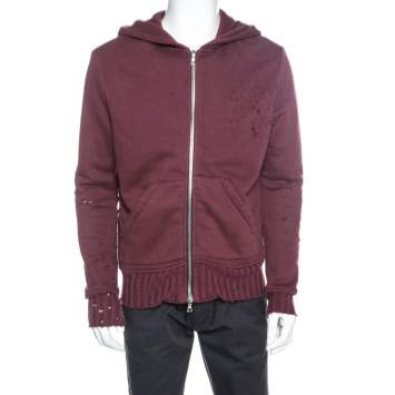 Pre Owned Amiri Burgundy Knit Distressed Zip Front Shotgun Hoodie S