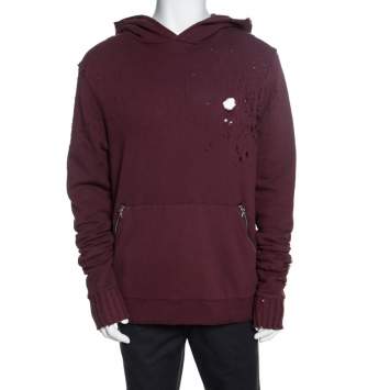 Pre Owned Amiri Burgundy Knit Distressed Shotgun Hooded Sweatshirt M