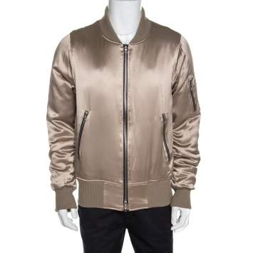 Pre Owned Amiri Dark Beige Silk Rib Knit Trim Zip Front Bomber Jacket L