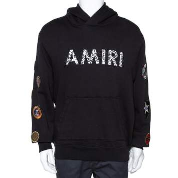 Pre Owned Amiri Black Logo Print Cotton Mix Patch Hooded Sweatshirt M