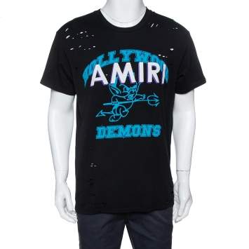 Pre Owned Amiri Black Cotton Jersey Hollywood Demons Print Distressed T-Shirt S