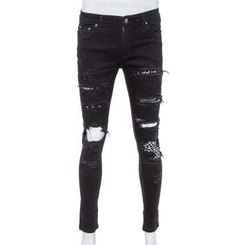 Pre Owned Amiri Black Denim Art Patch Distressed Skinny Jeans M