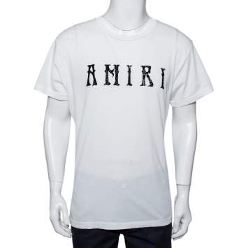 Pre Owned Amiri White Cotton Flocked Logo Detail Crewneck T-shirt S