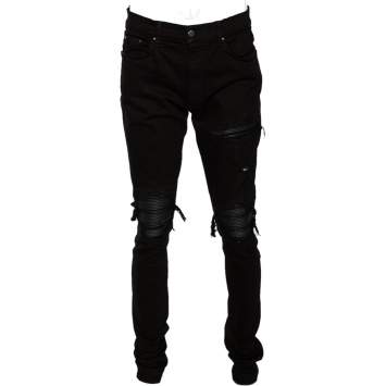 Pre Owned Amiri Black Denim & Leather Inset Slim Fit Biker Jeans XL