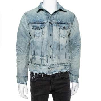 Pre Owned Amiri Blue Distressed Denim Long Sleeve Puffer Jacket XS
