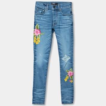 Pre Owned Amiri Indigo Rosebowl Denim Floral Applique Distressed Jeans XS
