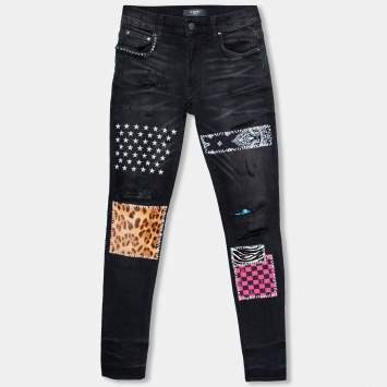 Pre Owned Amiri Aged Black Denim Distressed Art Patch Jeans XS