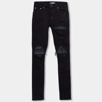 Pre Owned Amiri Black Distressed Denim Leather Patch Skinny Jeans XS