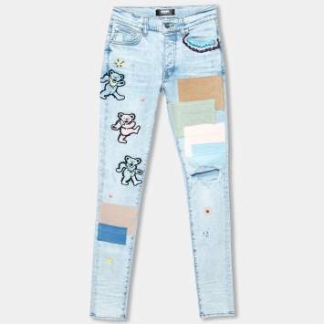 Pre Owned Amiri Blue Distressed Patchwork Denim Dancing Bear Embroidered Jeans XS
