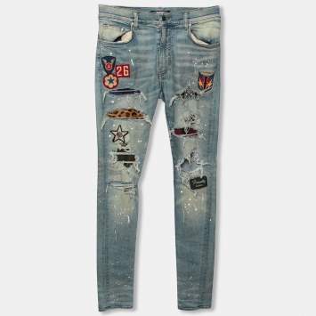 Pre Owned Amiri Blue Distressed Denim Patch Applique Detailed Slim Fit Jeans M 