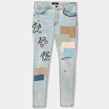 Pre Owned Amiri Blue Distressed Patchwork Denim Dancing Bear Embroidered Jeans M