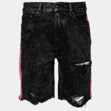Pre Owned Amiri Black Distressed Contrast Stripe Printed Denim Shorts S