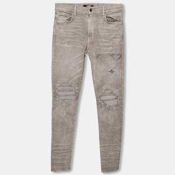 Pre Owned Amiri Grey Distressed Denim Ribbed Inset Detailed Slim Fit Jeans M