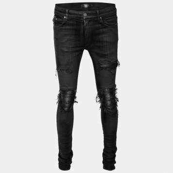 Pre Owned Amiri Black Coated Distressed Denim Leather Patch Detail Jeans M