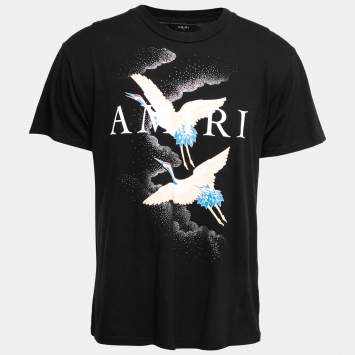 Pre Owned Amiri Black Crane Birds And Logo Print Cotton Crew Neck T-Shirt S