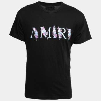 مملوكة مسبقًا Amiri Black Floral Logo Printed Cotton Crew Neck T-Shirt XS