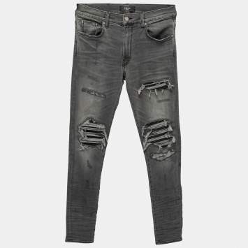 Amiri Light Grey Distressed Denim Patched Skinny Jeans XS