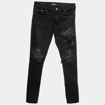 Pre Owned Amiri Black Distressed Denim Panelled Skinny Jeans M Waist 32"