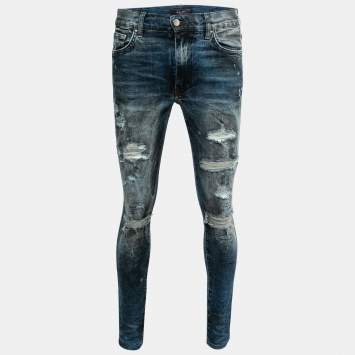 Pre Owned Amiri Blue Distressed Denim Ripped-Detail Skinny Jeans M Waist 32"