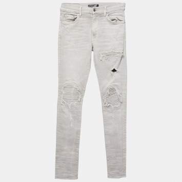 Pre Owned Amiri Light Grey Distressed Denim Patched Skinny Jeans XS Waist 29"