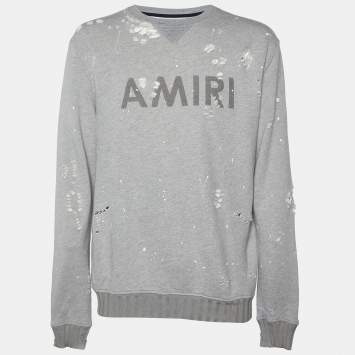 Pre Owned Amiri Grey Logo Printed Shotgun Distressed Cotton & Modal Knit Sweatshirt XXL