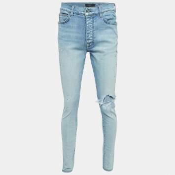 Pre Owned Amiri Blue Paint Splattered Denim Ribbed Jeans L Waist 34''