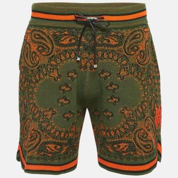 Pre Owned Amiri Green Bandana Print Knit Drawstring Shorts L