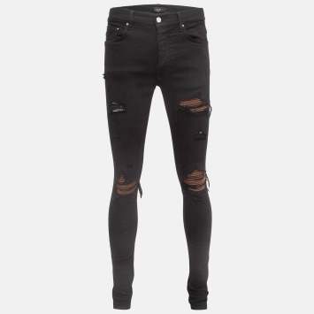 Pre Owned Amiri Black Denim Suede Patch Distressed Slim Fit Jeans M/Waist 32"