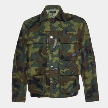 Pre Owned Amiri Green Camou Print Cotton Leather Patch Button Front Jacket M