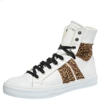 Pre Owned Amiri White/Brown Leather and Leopard Print Calfhair Sunset High Top Sneakers Size 42