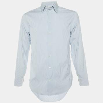 Pre Owned Armani Collezioni Blue/White Striped Stretch Cotton Long Sleeve Shirt M 