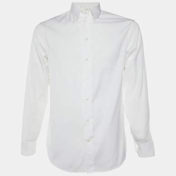 Pre Owned Armani Collezioni White Diagonal Striped Cotton Button Down Shirt M