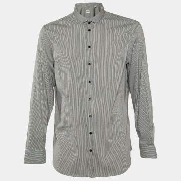 Armani Collezioni Black Striped Seer Sucker Cotton Long Sleeve Shirt XL