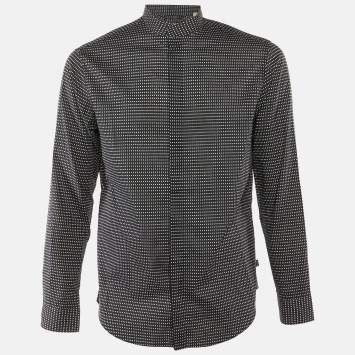 Pre Owned Armani Collezioni Midnight Blue Dotted Cotton Mandarin Collar Shirt M