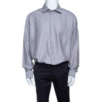 Pre Owned Armani Collezioni Grey Striped Cotton Long Sleeve Button Front Shirt 4XL